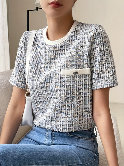 1 chic textured tweed women's t-shirt with pocket detail, button accent, polyester knit fabric, round neck, short sleeve, regular length for spring/summer/autumn.