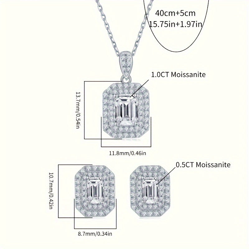 This elegant Moissanite jewelry set features a high-quality S925 silvery inlay. The set includes a necklace and earrings, with the necklace weighing approximately 3.23g and the pendant featuring a stunning 1.0ct main stone. The earrings are approximately