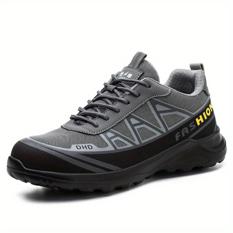 Breathable and non-slip steel toe work shoes for men, puncture proof.