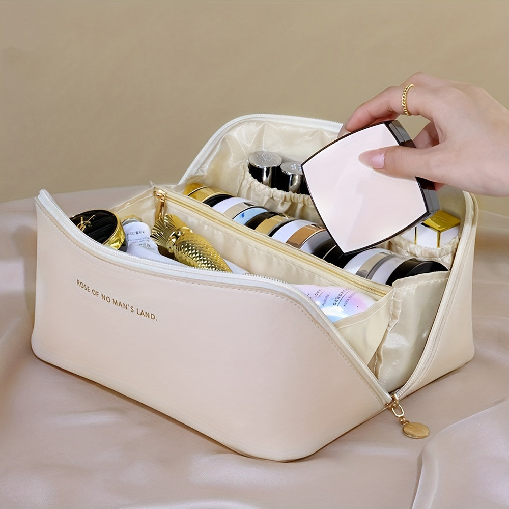 Travel-friendly makeup and skincare storage bag with large capacity and positioning printing, available in mixed colors and unscented.