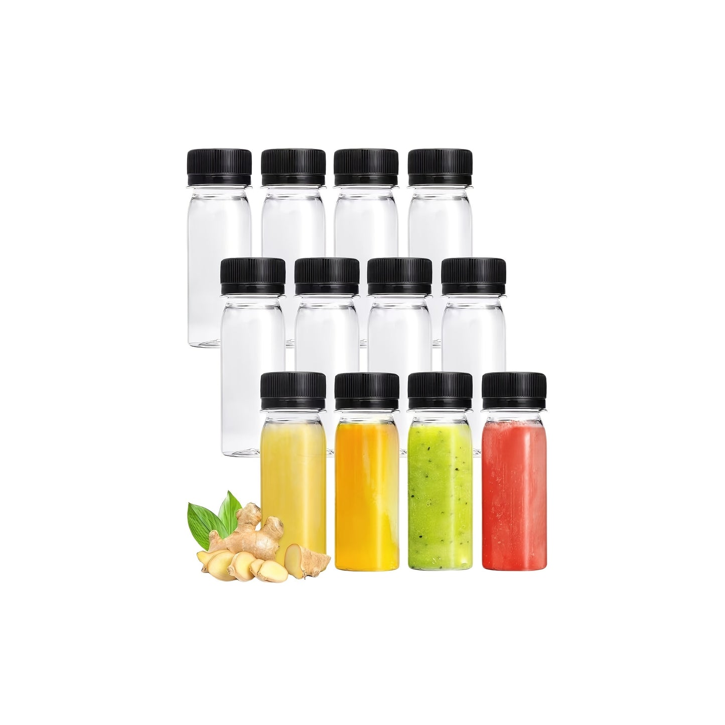 Leakproof 2oz mini shot bottles with screw caps made from food-grade plastic. Ideal for juice and wellness shots. Freezer safe and BPA-free.