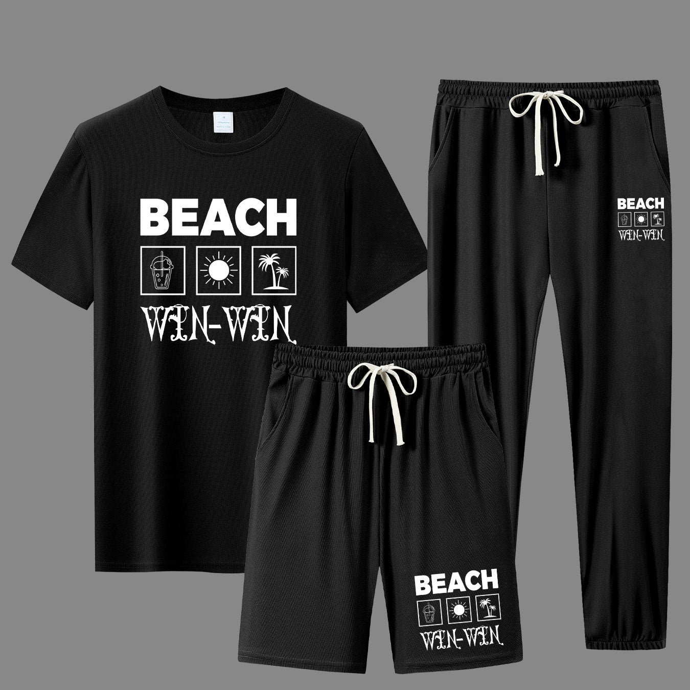 BEACH Men's 3-Piece Casual Sportswear Set includes crew neck short sleeve t-shirt, shorts and long pants. Made of 100% polyester knit fabric with slight stretch and patterned print.