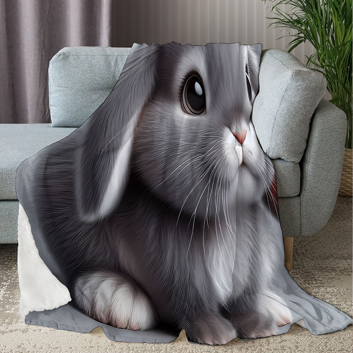 Soft, cuddly Gray Rabbit 3D Cartoon Plush Blanket - Suitable for year-round use, ideal for couch, trips, bedroom, car, work - Made from cozy polyester material