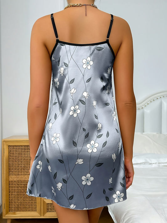 Floral satin nightgown, backless slip dress for women's sleepwear