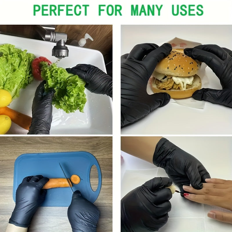 Black Disposable Nitrile Gloves available in packs of 20, 50, or 100. Ideal for use in food handling, kitchen and bathroom cleaning, performing beauty tasks, and using household tools.