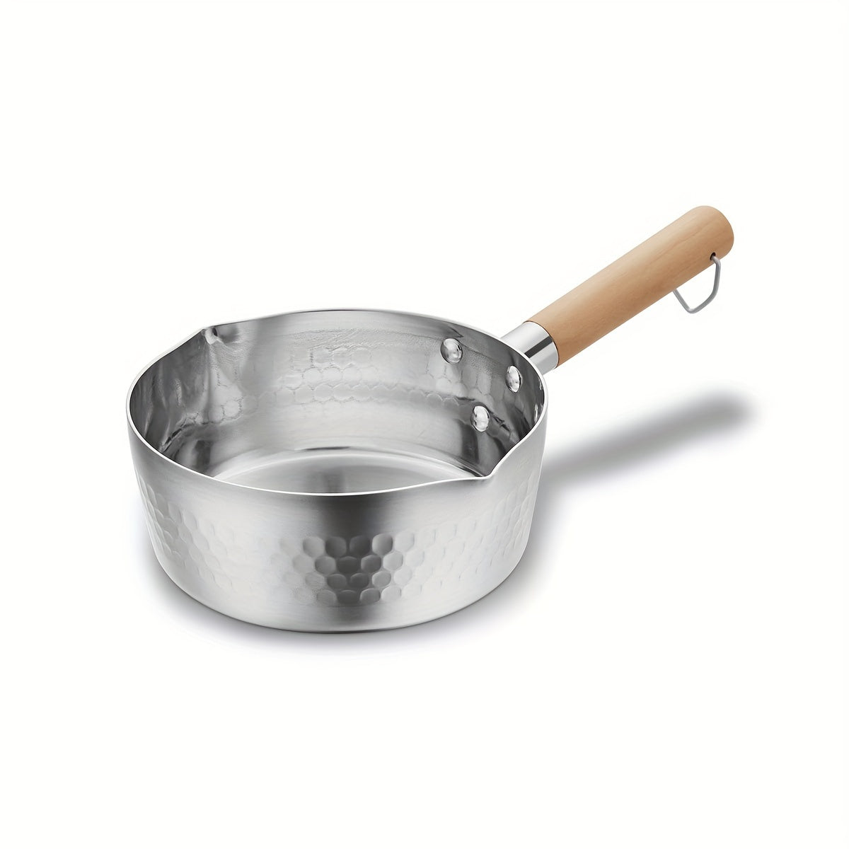 1-piece Sauce Pan with a traditional Japanese design, featuring a wooden handle, perfect for heating and melting milk, sauces, or oils. This pan can also be used as a mini milk pot for dripping and pouring oil.