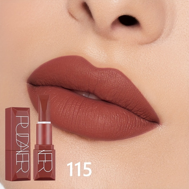 Pudaier Long-Lasting Waterproof Lipstick with high pigment matte finish, natural look for all skin types in Red & Brown Series, infused with plant squalane.