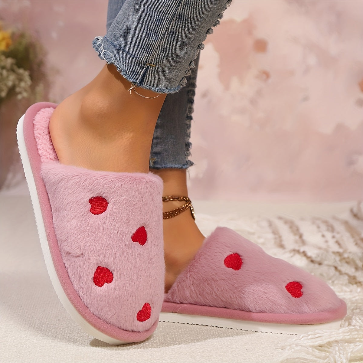 Soft and warm women's winter slippers with heart pattern - cozy and cute design, non-slip sole, hand washable, available in black, white, pink.