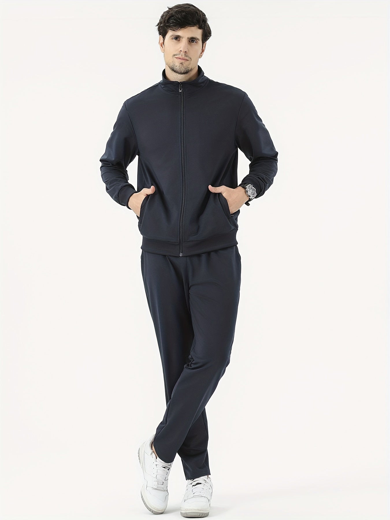 Men's 2-piece outfit with stand collar jacket and drawstring sweatpants for casual wear in spring and autumn.