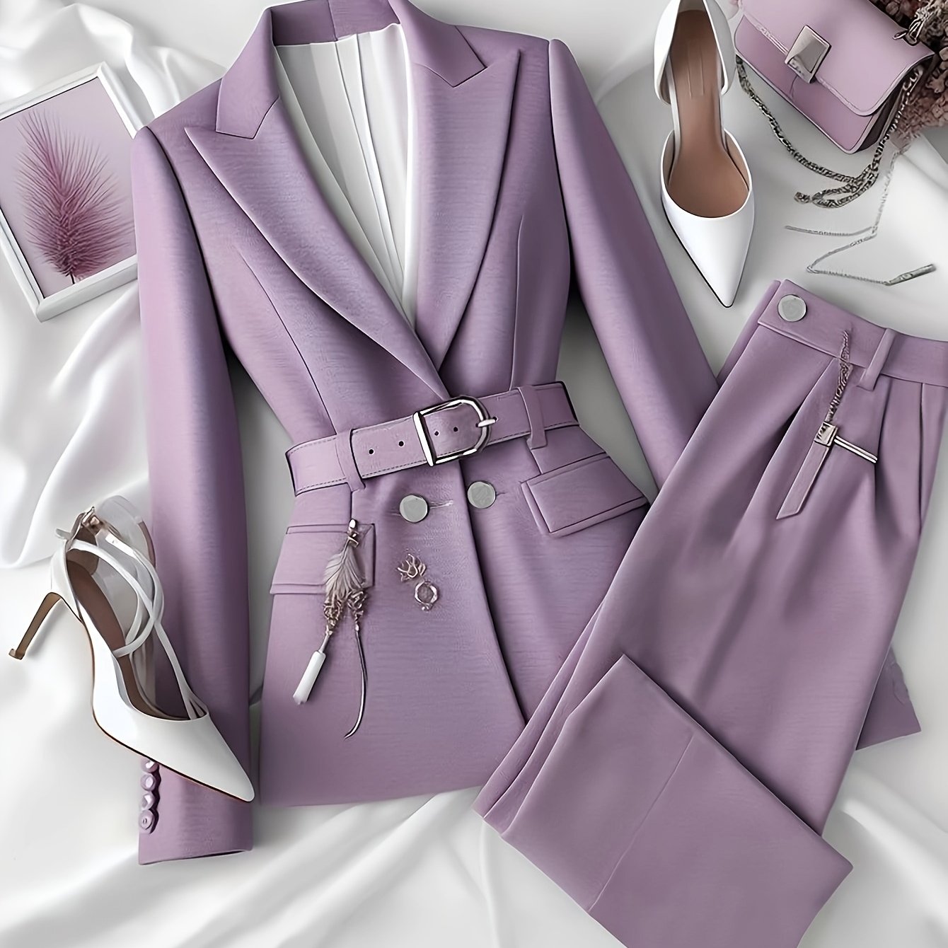 Stylish Solid Color Suit with Belt and Long Trousers for Urban Commuting