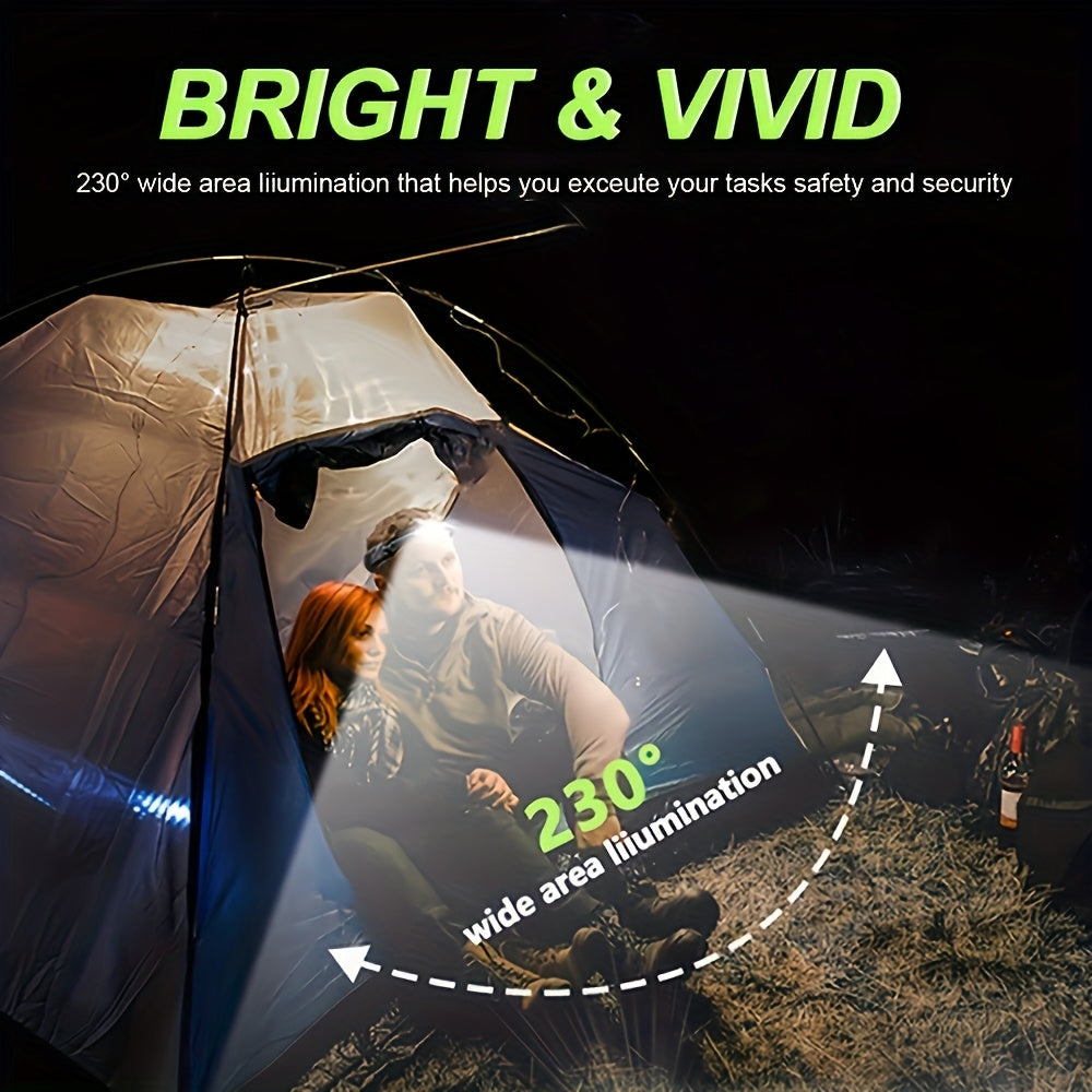 USB rechargeable LED headlamp with motion sensor, ideal for outdoor activities like camping, hiking, running, and fishing.