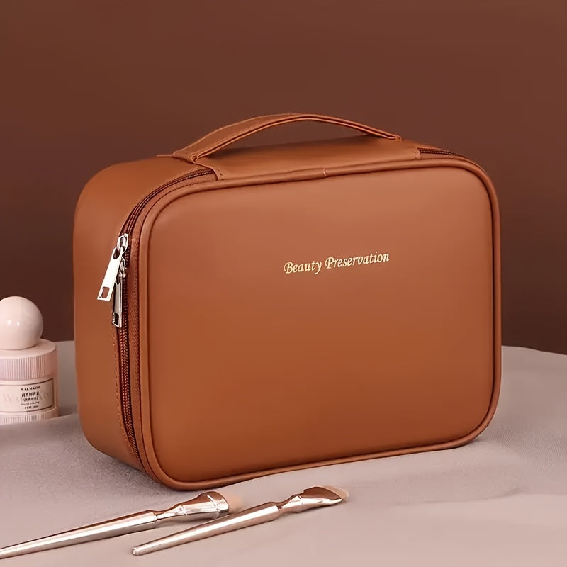 Large capacity detachable cosmetic bag with multiple layers and brush storage, suitable for both men and women.