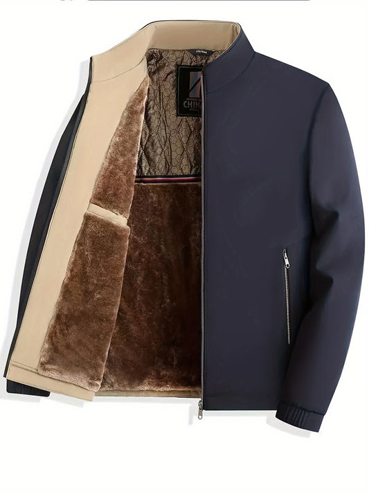 Men's casual business jacket with new stand-up collar, thick fleece lining, and stylish design for autumn and winter.