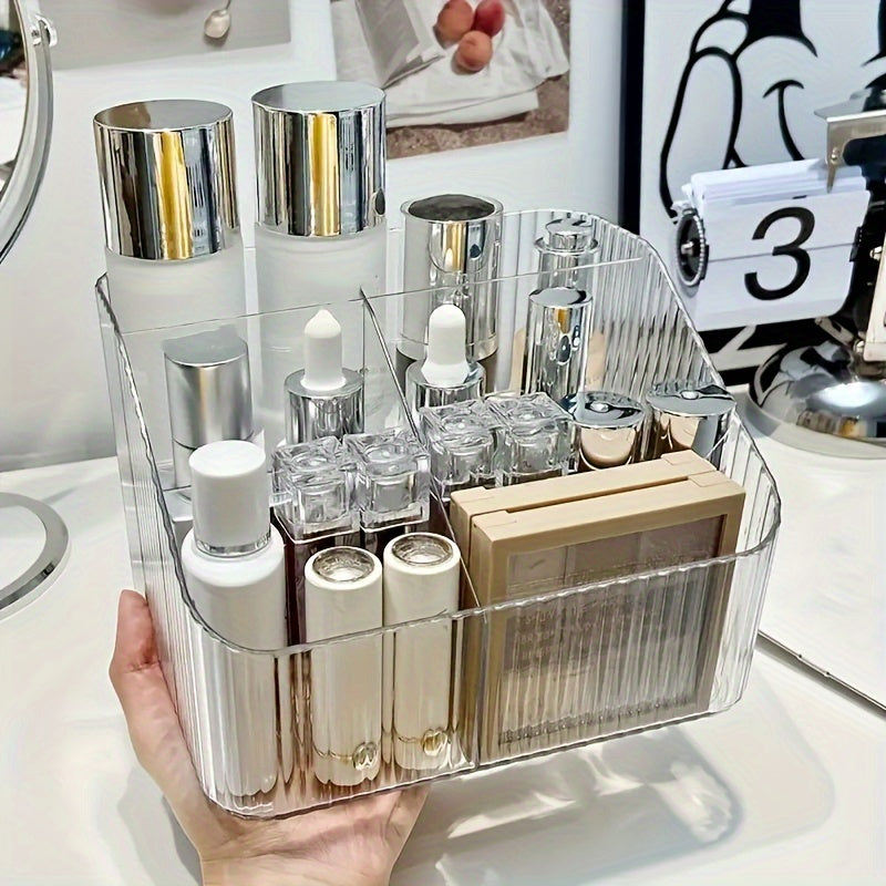 Clear acrylic makeup organizer with dividers for portable and adjustable cosmetic storage - perfect for lipstick, eyeshadow, powder, and vanity accessories. Ribbed texture and sleek design