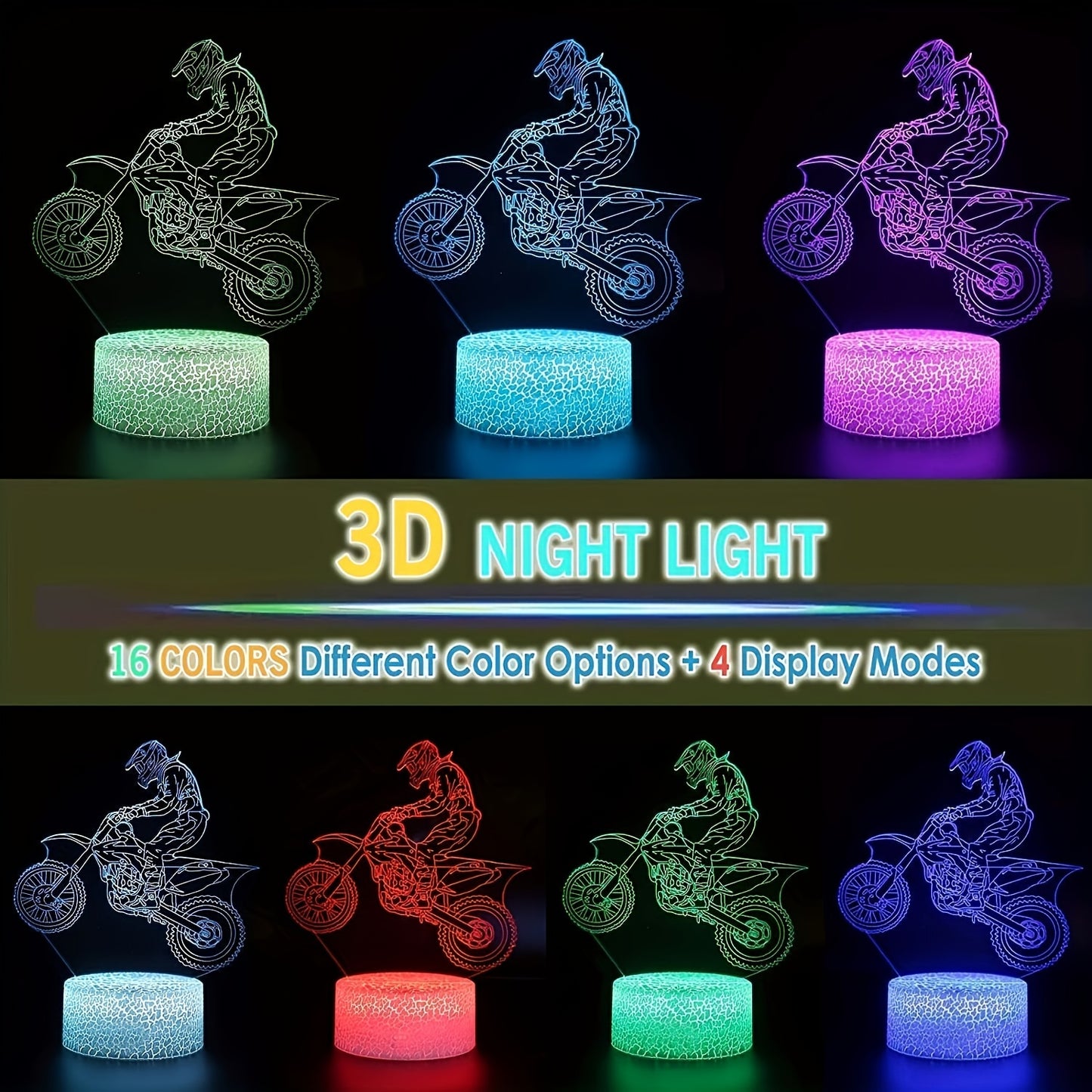 Motocross 3D night light with 16 colors, touch and remote control. Ideal gift for boys and friends.