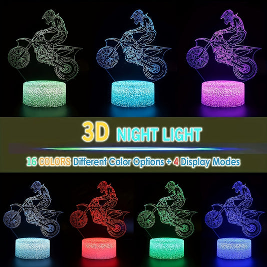 Motocross 3D night light with 16 colors, touch and remote control. Ideal gift for boys and friends.