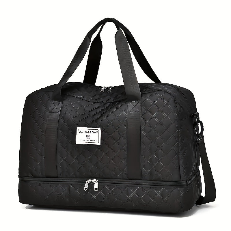 Large luxury duffel bag with multiple compartments for travel and gym use.