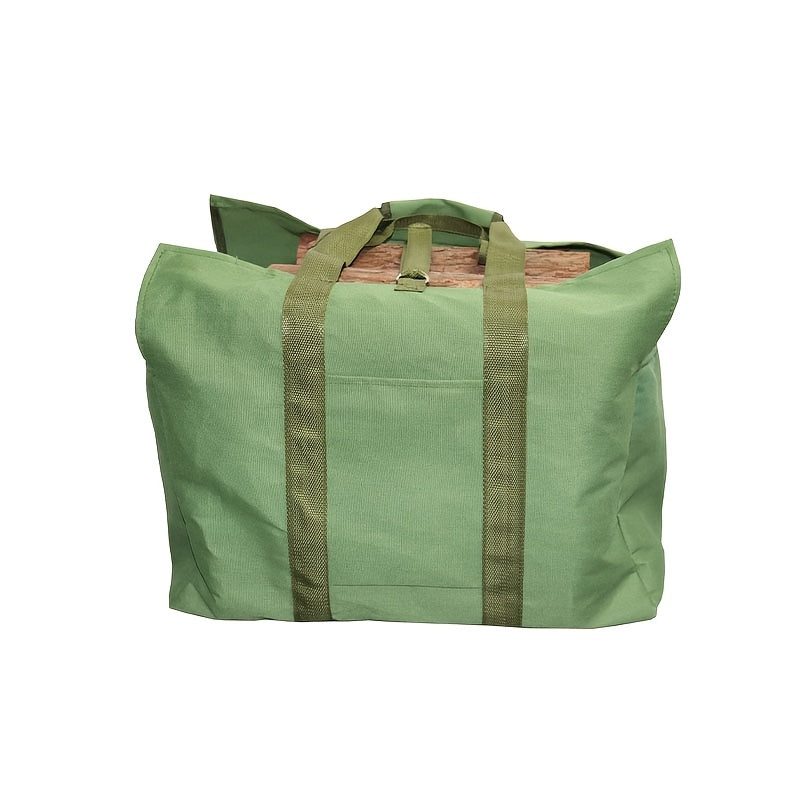 Durable Canvas Firewood Carrier Bag in Military Green, Ideal for Outdoor Camping and Fireplace Use, Features Reinforced Handles for Easy Storage and Transport of Firewood