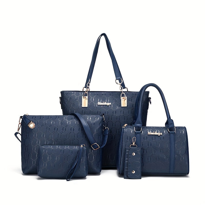 5 piece faux leather handbag set for women, includes tote, satchel, crossbody, shoulder bag, and wallet with detachable strap and zipper closure. Features embossed design and polyester