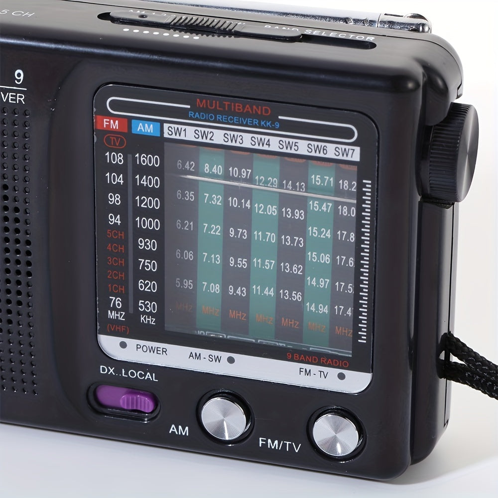 KK-9 is a portable transistor radio with AM, FM, and SW1-7 bands, loud speaker, headphone jack, and operates on 2AA batteries for indoor, outdoor, and emergency use.