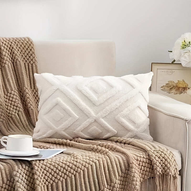 Cream white Bohemian faux fur pillow cover with geometric pattern, zipper closure, soft and fluffy, ideal for sofa, bedroom, and car decor. Does not include pillow insert.