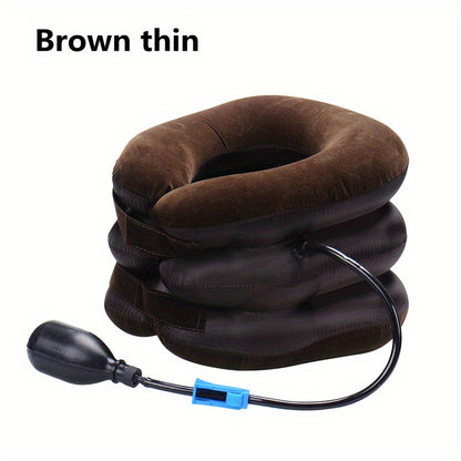 Thick/thin inflatable neck pillow for travel and relaxation with stretch and traction capabilities.