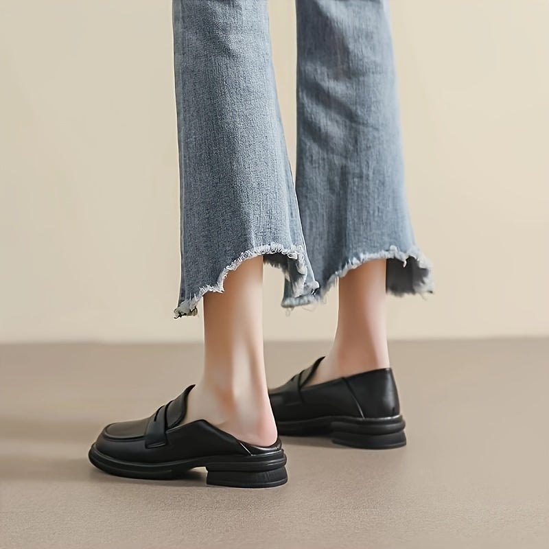 Huizhou-crafted black penny loafers for women, lightweight with rubber sole, round toe, solid color, no embellishments, suitable for all seasons.