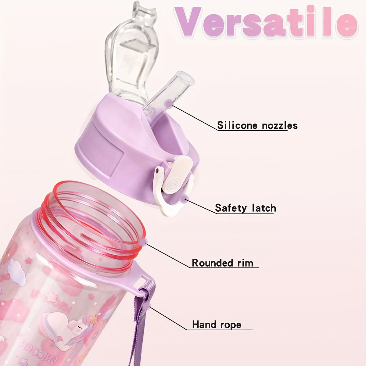 WhimsyWorks Cartoon Unicorn & Astronaut leak-proof water bottle made of PVC-free plastic for outdoor activities. Easy-open lid, hand wash only. Portable with woven handle, perfect for picnics, cycling, running, exercise. Great Christmas, Halloween