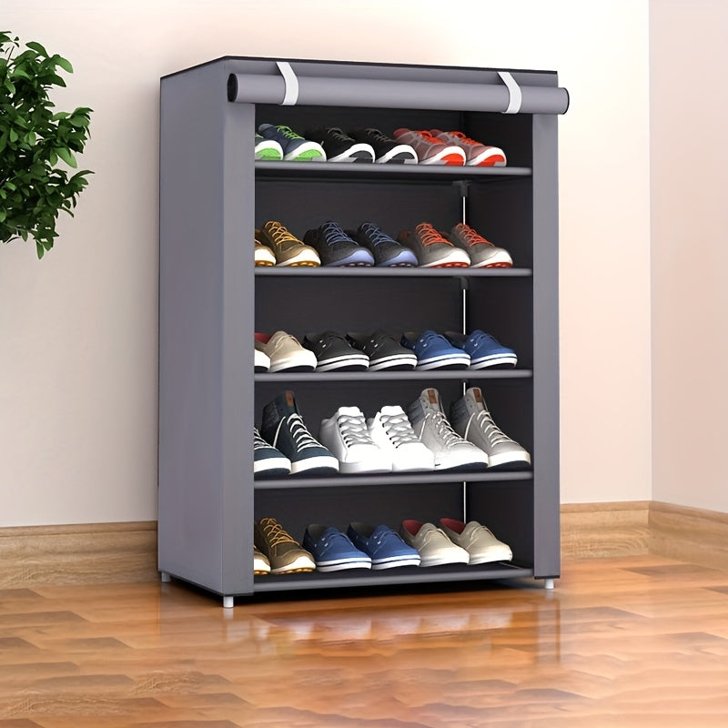 Metal shoe rack with dustproof cover, vertical storage, easy assembly, for entryway/bedroom/living room, lightweight under 13.61 KG, spacious capacity, weather-resistant, 68.58cm tall.