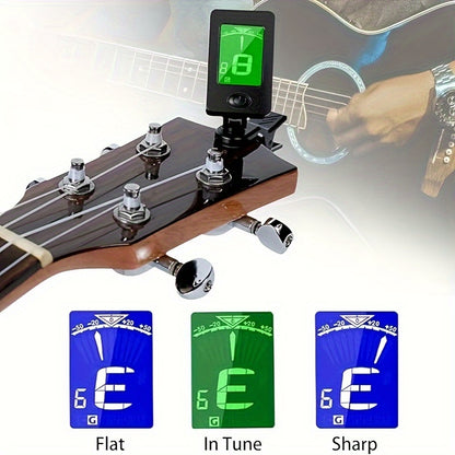 Buzz-Free Guitar Tuner Clip with Quick Release, 6 Colorful Picks & Capo – Durable Aluminum Alloy, LCD Display for Acoustic Guitar, Bass, Violin, and Ukulele