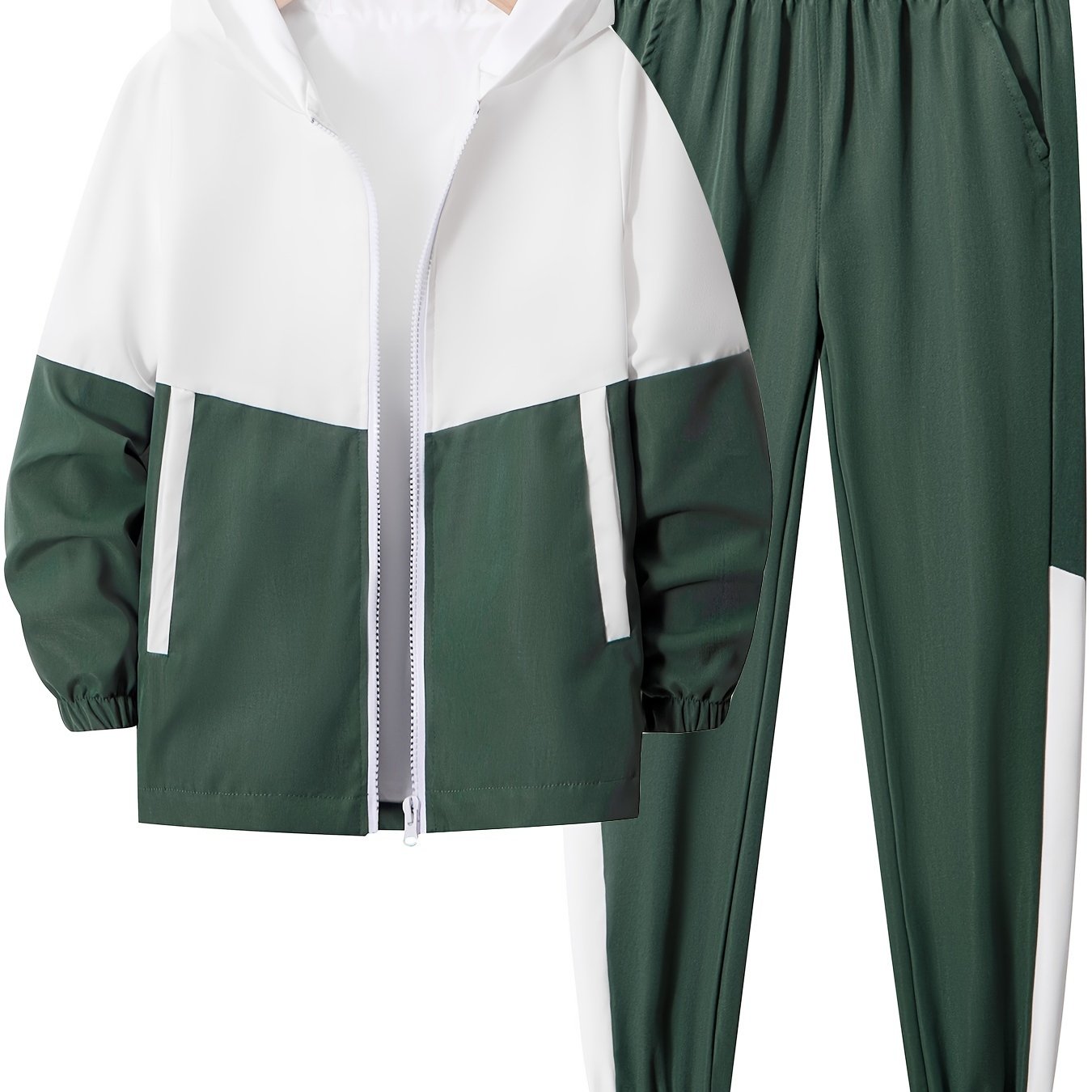 Boys' Color Block Hooded Jacket and Pants Set - 100% Polyester, Long Sleeve, Pockets, Front Zip, Regular Fit, for Ages 12 and Under, Outdoor Spring/Fall Tracksuit