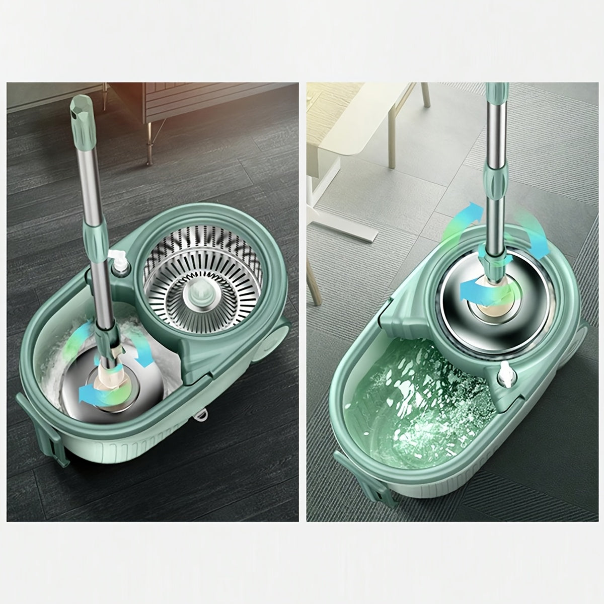 Get the convenience of hands-free cleaning with the 1set Dual-Drive Spin Mop and Bucket Set. This innovative system features a self-wringing mechanism, manual press wheel, and automatic dewatering for easy use. No electricity required, making it perfect