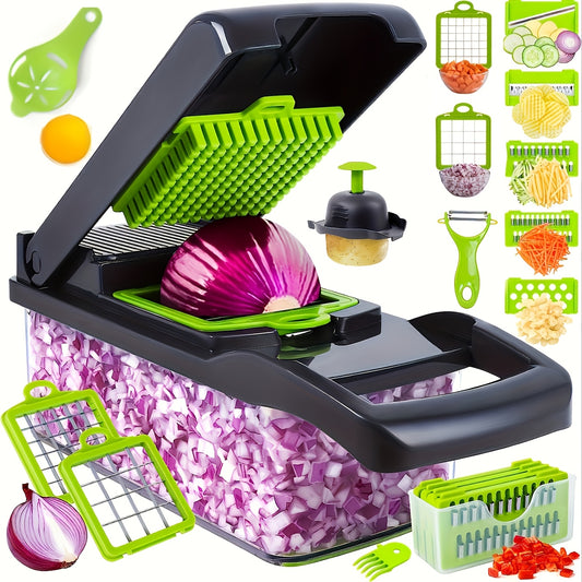 Multi-functional Manual Vegetable Chopper with Drain Basket, Hand Protector, Ideal for Onions, Carrots, Garlic, and more.