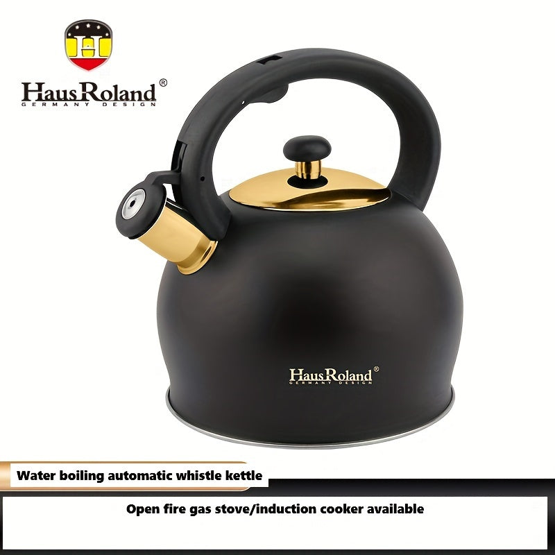 HR781-1: An authentic design stainless steel whistling tea kettle by the brand HausRoland, suitable for stovetop use. It produces a clear whistle sound and is compatible with gas stoves and induction cookers. The kettle has a sturdy handle for easy