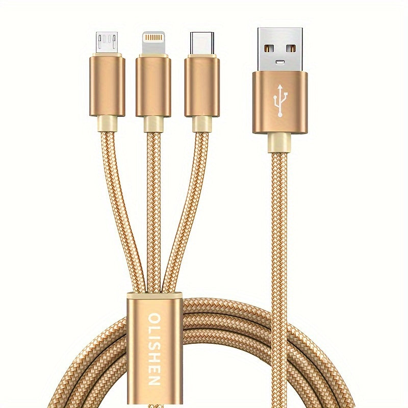 OLISHEN 3-in-1 Nylon Braided USB Charging Cable with multiple lengths (100.58cm/201.17cm/3.02meter) and fast charging capabilities for iPhone, Samsung, Xiaomi, and other devices. Can be