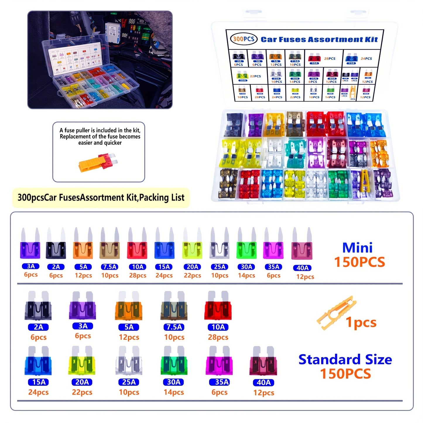 Car blade fuse assortment kit with multiple specifications ranging from 2A to 40A, suitable for various vehicles. Includes a box for storage.