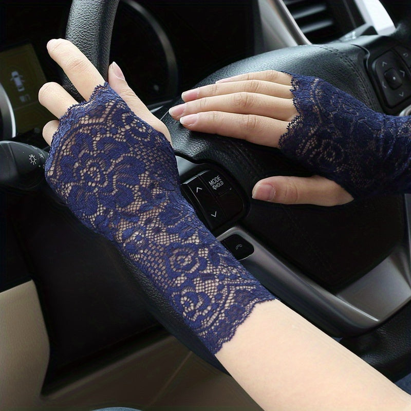 Geometric lace half finger wrist sleeves with thumb hole for summer sunscreen protection.