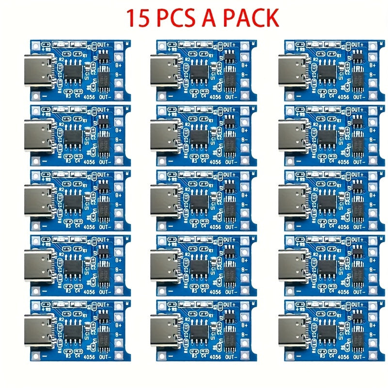 15 TP4056 battery charging boards with Type-C & USB interfaces, overcharge protection - perfect for DIY projects.