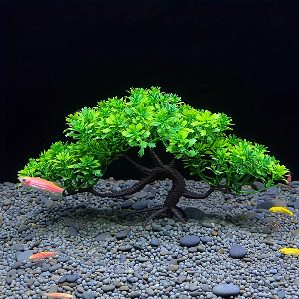 Lifelike artificial banyan tree aquarium decoration with realistic green leaves, 12.7cm tall. Made of durable PVC plastic. Enhances fish tank ambiance.