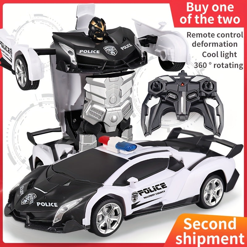 Remote control car transforms into robot, drifts 360°, with dynamic lights and USB rechargeable battery. Black and blue sports car design, great for outdoor play. Ideal birthday or holiday