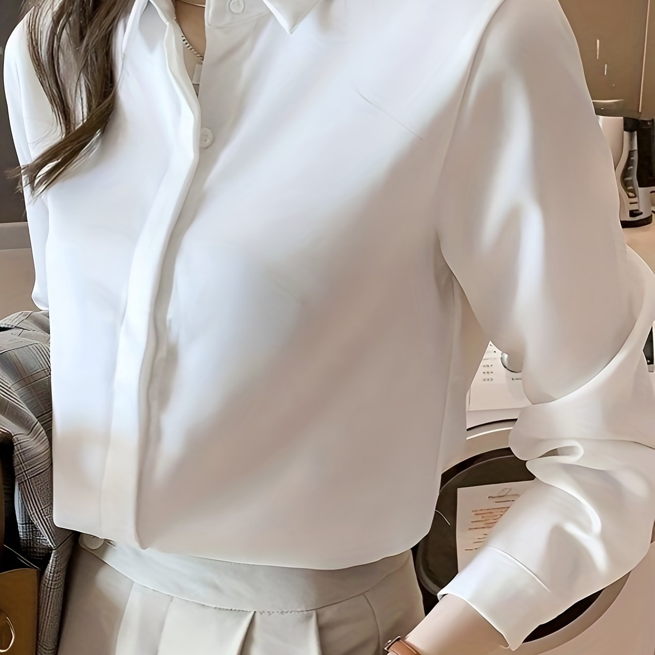 Women's 100% polyester long sleeve blouse in solid color, lapel collar, non-stretch woven fabric with placket. Sexy and professional style, anti-wrinkle, suitable for spring/summer/fall.