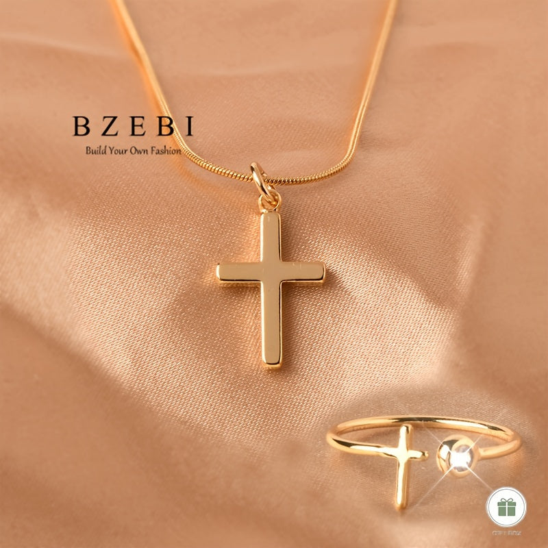 The jewelry set for women is elegant and minimalist, featuring a cross-shaped necklace and ring made of 18K gold-plated zirconia. It is adjustable and comes in a gift box, making it a perfect gift for birthdays, Christmas, Mother's Day, and Valentine's