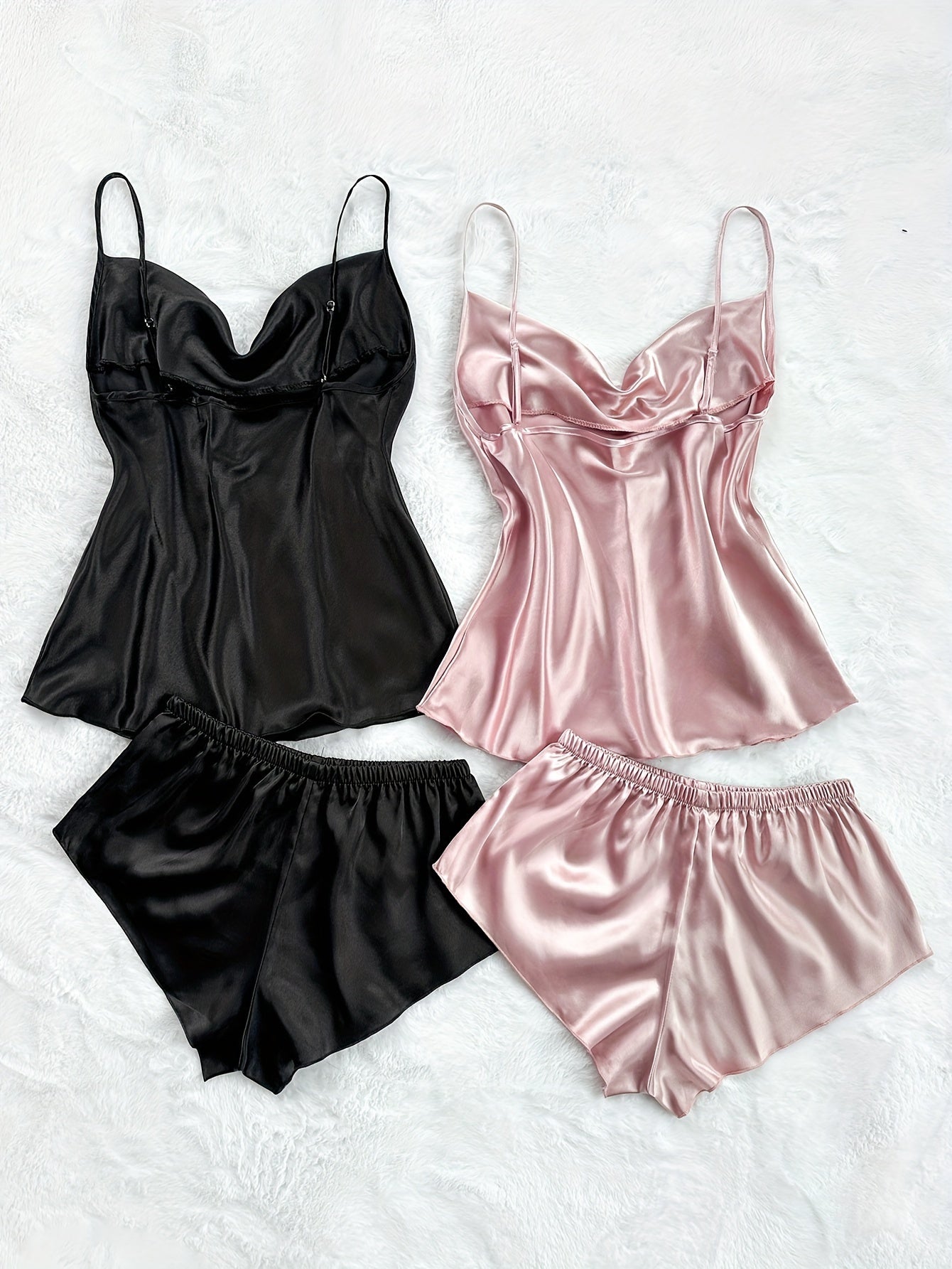 2 Sets Women's Sexy Solid Satin Pajama Set, featuring a turtleneck backless cami top and shorts for comfortable summer nightwear.