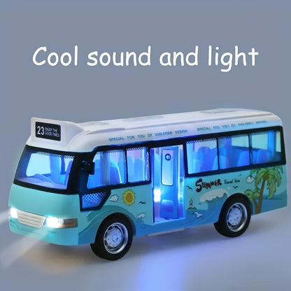 Friction-powered school bus toy with realistic sounds and flashing lights, perfect gift for youngsters. Sky blue/pink, diecast plastic.