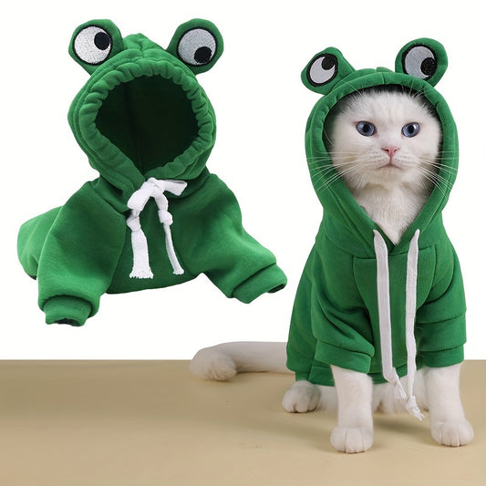 Cute frog-themed hoodie for small cats, suitable for all seasons.