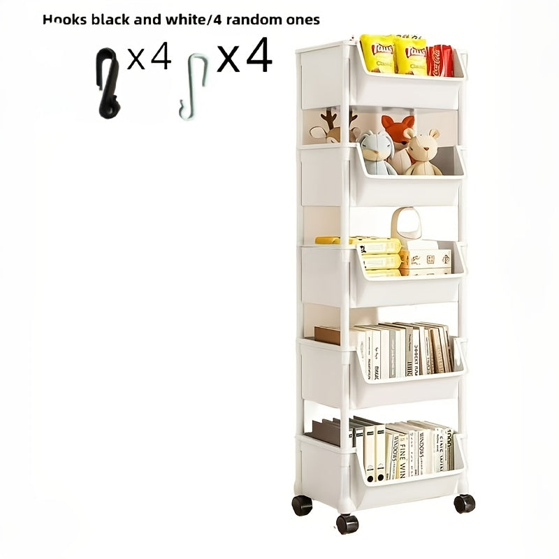 Multi-layer trolley shelf for floor-to-ceiling storage of snacks, fruits, vegetables, and books. Made of durable plastic, no batteries needed.