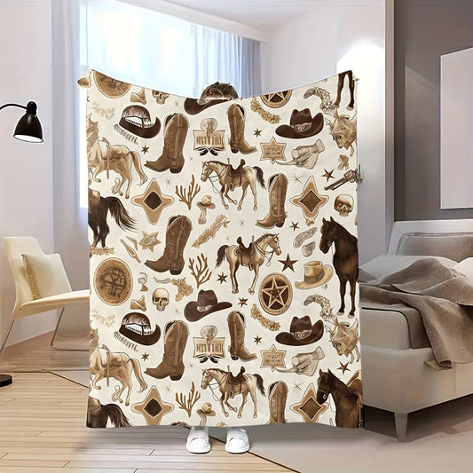 Soft, quilted Vintage Western Cowboy Gothic Flannel Throw Blanket. Perfect for all-season comfort, this stain-resistant blanket features an animal print design and is machine washable. Ideal for Halloween and Christmas decor, picnics, and travel. Made