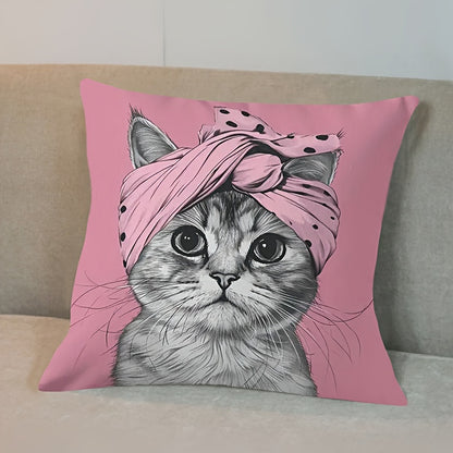 Reversible cat-themed throw pillow cover with pink turban design. Made of 100% polyester with zipper closure. Machine washable. Measures 45.72x45.72 cm. Perfect for bedroom, living room, and other rooms. 1pc, no insert included.