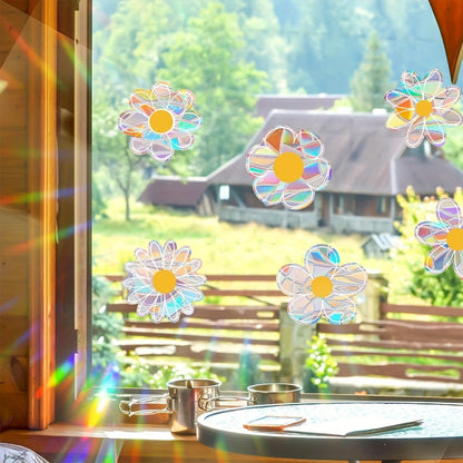 Dazzling Rainbow Prism Window Decor - Set of 10 Daisy Suncatcher Clings, Reusable Vinyl Stickers to Prevent Bird Strikes, Perfect for Home and Garden Accents