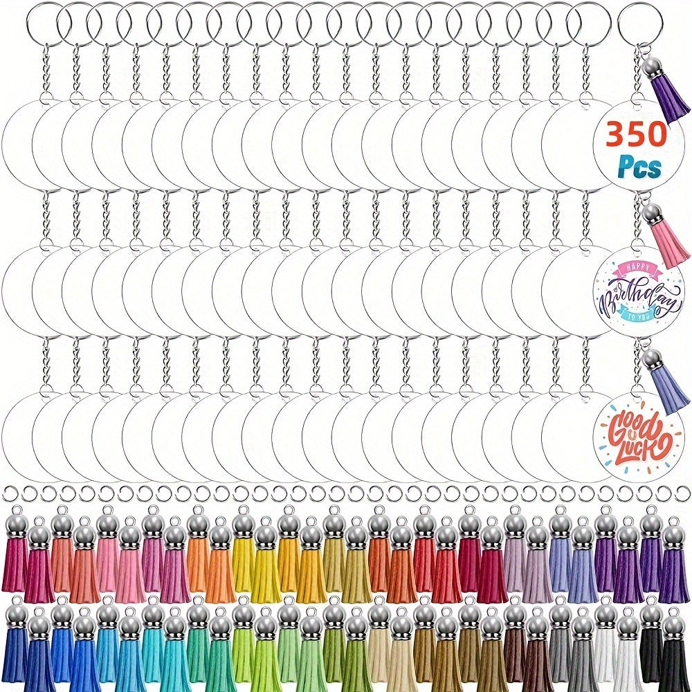 Acrylic key chains with blank transparent design, perfect for creating DIY personalized keychains. Includes keychains, tassels, and buckles for creative pendant making. Comes with 350/700 pieces.